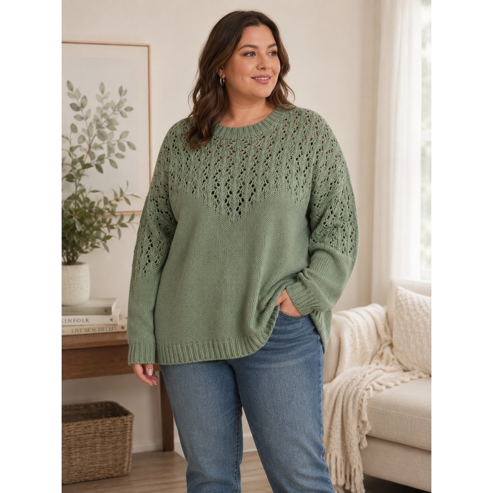 WISH Young Heart Pointelle Sweater Women XL Sage Green Cottagecore Feminine‎